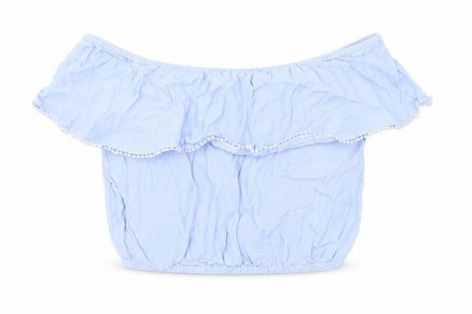 Front view of Miss Selfridge women’s blue polyester cropped blouse, size UK 12, off the shoulder - bardot