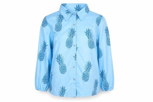 Front view of Preworn women’s black geometric polyester basic button-up, size L, collared - pineapple print