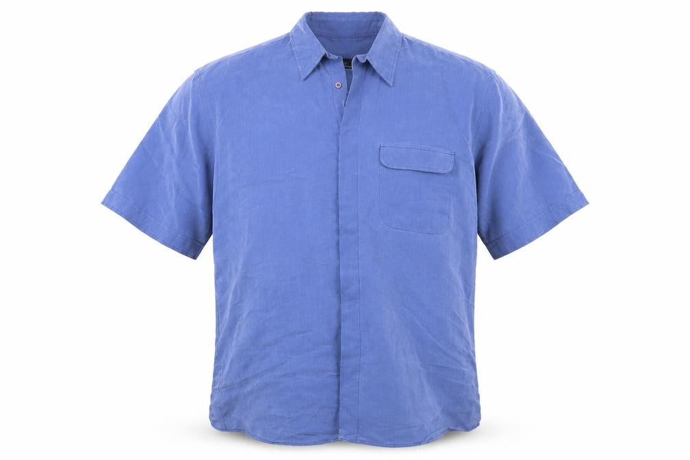 Front view of Copperstone men’s blue modal button-up, size L, collared button