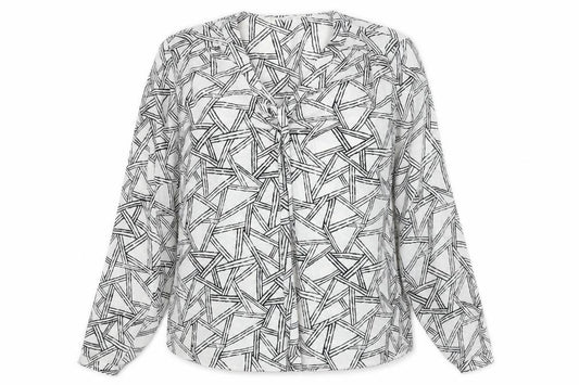 Front view of Linea women’s white geometric polyester basic blouse, size UK 12, v-neck