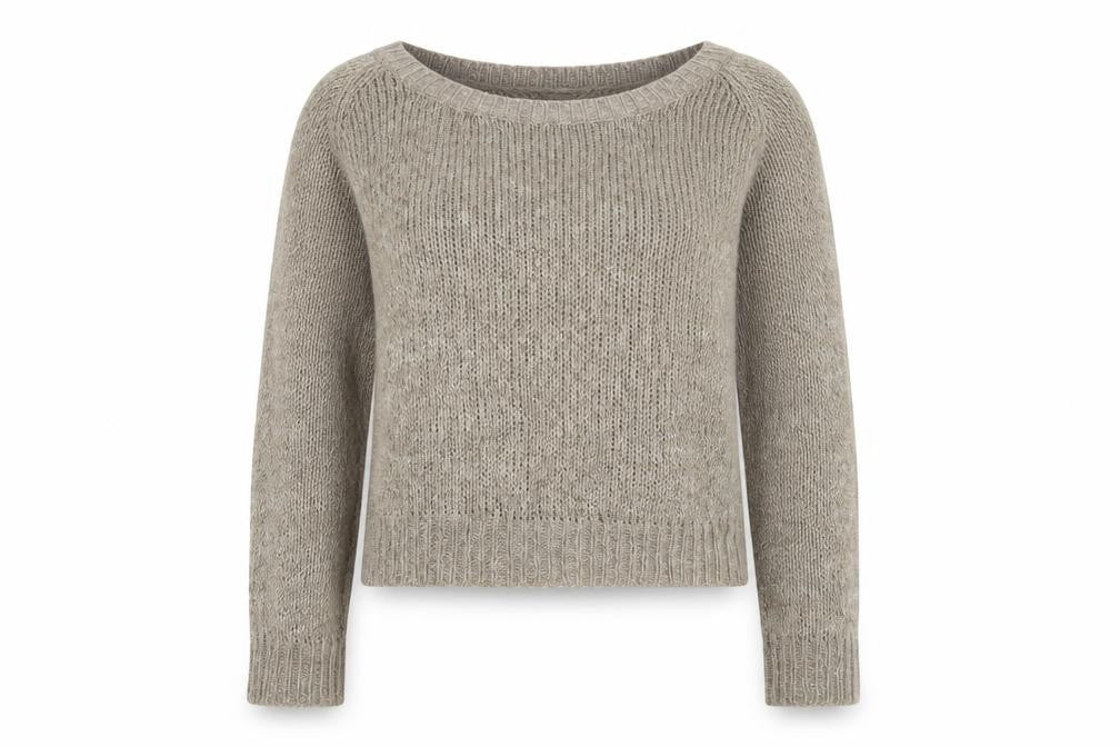 Front view of H&M women’s grey boat neck acrylic jumper, size S