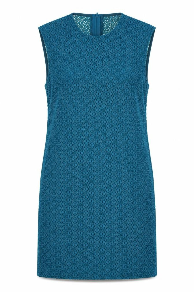 Front view of Pop England women’s blue geometric cotton shift, size UK 8, round neck zip