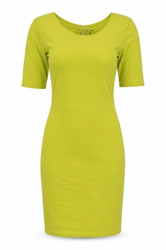 Front view of PRETTYLITTLETHING women’s yellow polyester bodycon, size UK 8, round neck pullover - open back