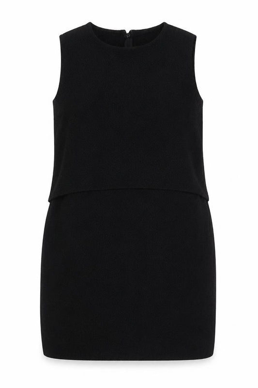 Front view of Warehouse women’s black polyester shift, size UK 10, round neck zip