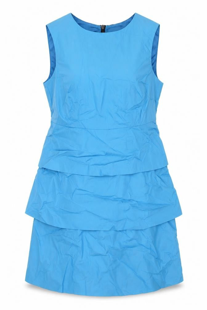 Front view of Zara women’s blue cotton sheath, size M, scoop neck zip