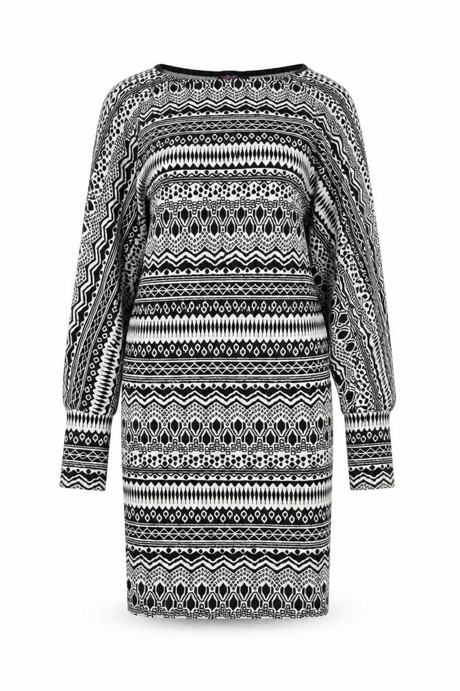 Front view of Boohoo women’s black geometric viscose bodycon, size UK 12, round neck pullover