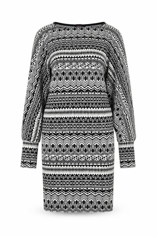 Front view of Boohoo women’s black geometric viscose bodycon, size UK 12, round neck pullover