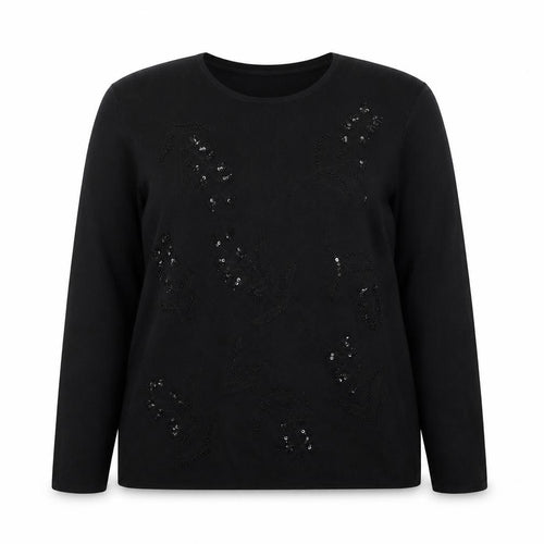 Pure & Natural Womens Black Round Neck Viscose Pullover Jumper Size 18 - Leaf Detail