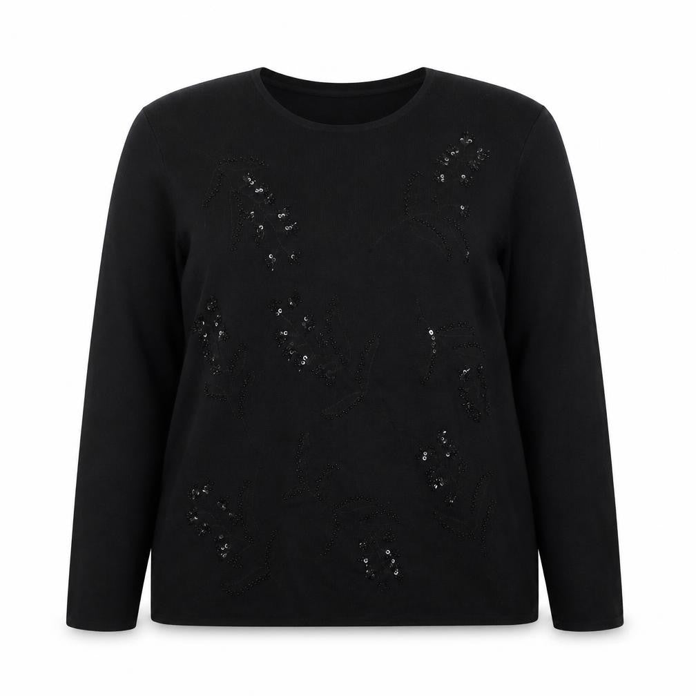 Pure & Natural Womens Black Round Neck Viscose Pullover Jumper Size 18 - Leaf Detail