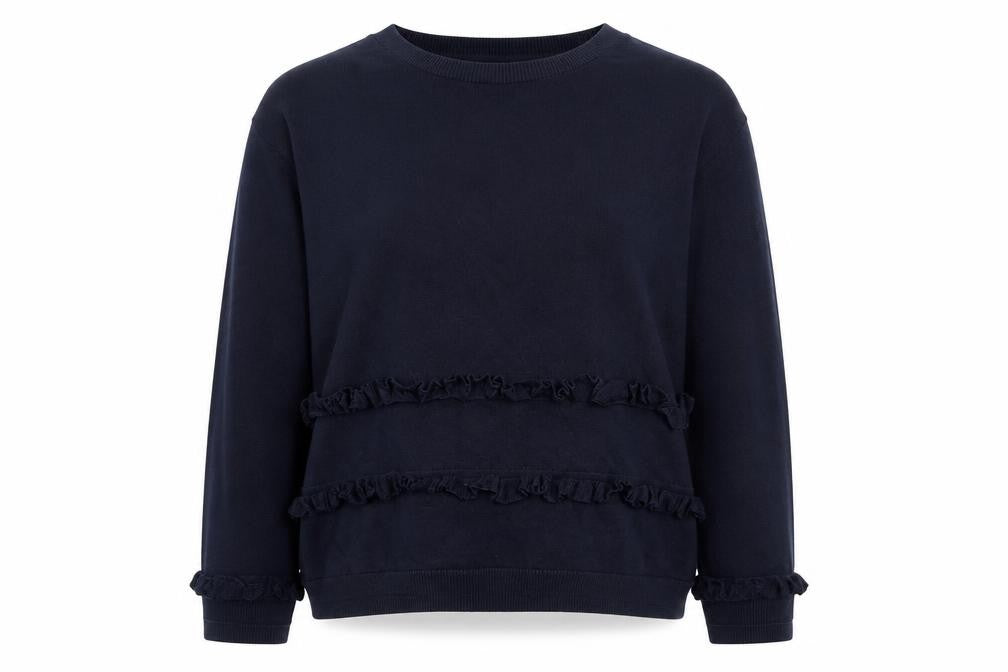 Front view of Marks & Spencer women’s blue round neck viscose jumper, size UK 12