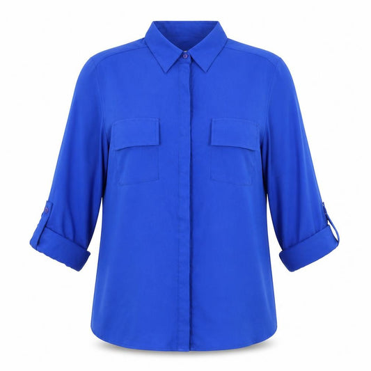 Front view of Jennifer & Grace women’s blue polyester basic button-up, size S, collared