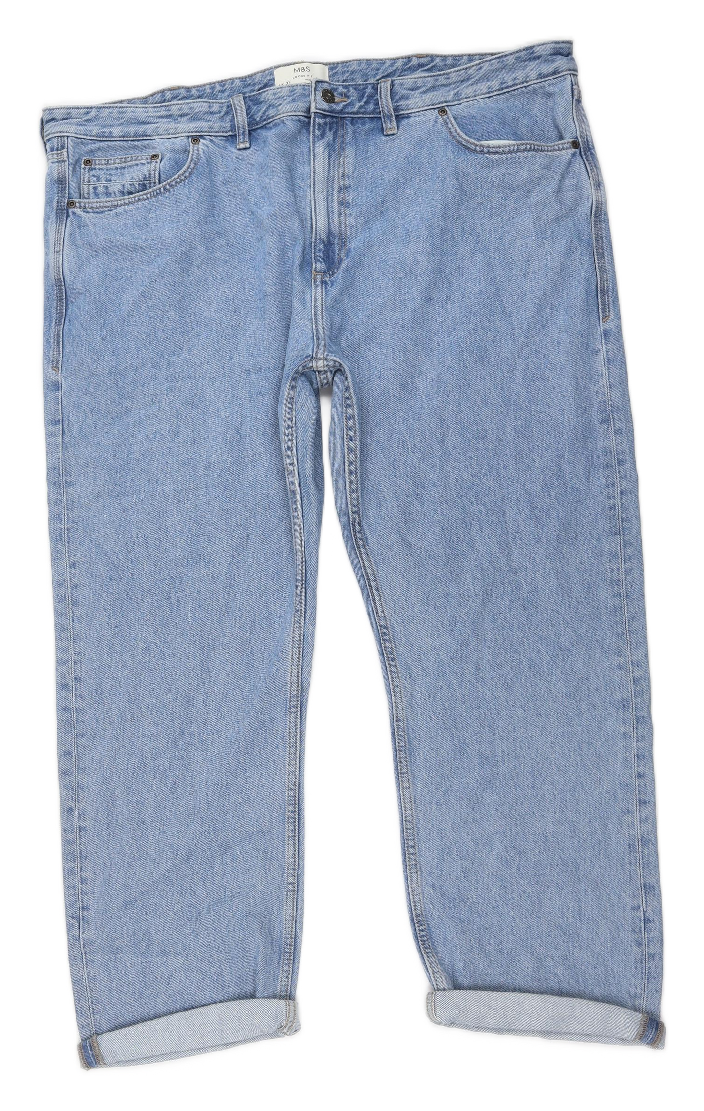 Marks and Spencer Mens Blue Cotton Straight Jeans Size 44 in L31 in Relaxed Button