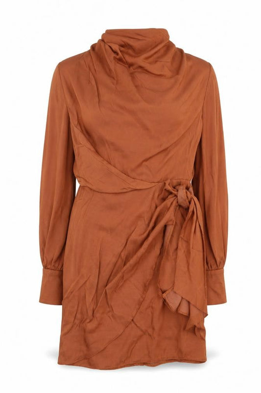 Front view of ASOS women’s brown polyester sheath, size UK 8, mock neck zip