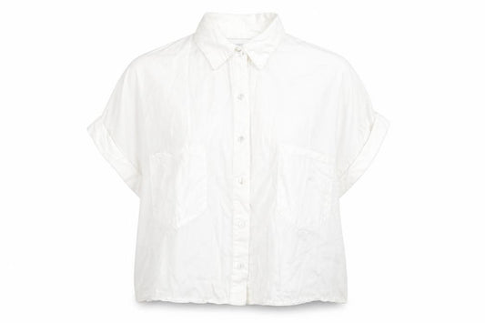 Front view of Zara women’s white polyester basic button-up, size S, collared