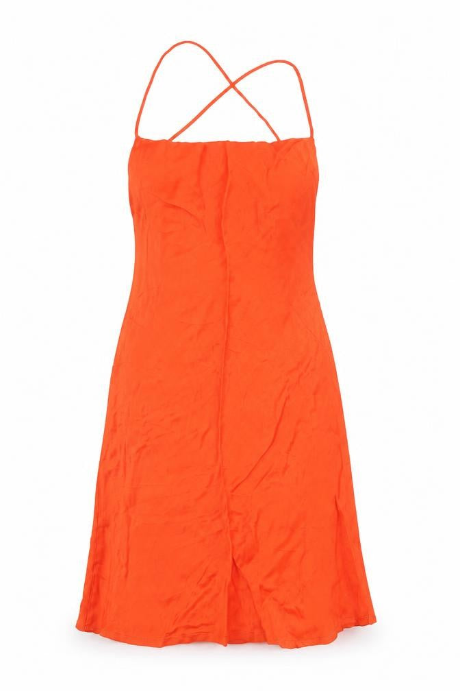 Front view of Zara women’s orange viscose mermaid, size S, halter pullover
