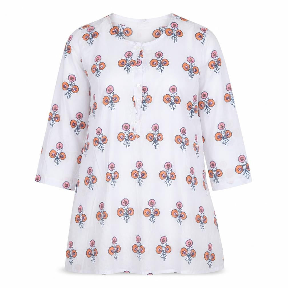 Front view of MissLook women’s white geometric cotton basic blouse, size 3XL, round neck