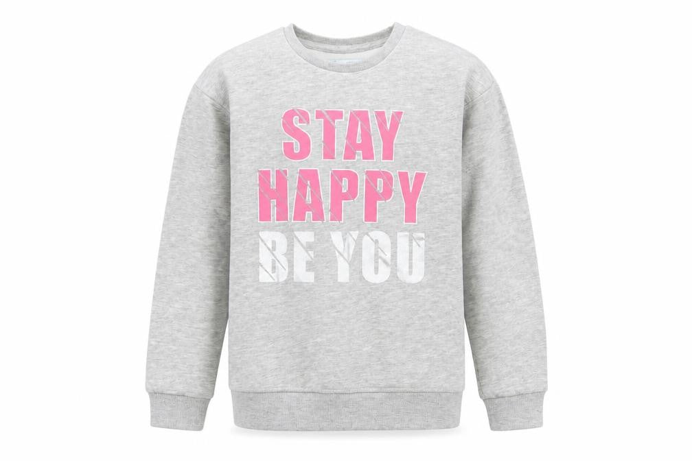 Front view of Primark girls’ grey cotton pullover sweatshirt, size 9-10, years pullover - stay happy be you