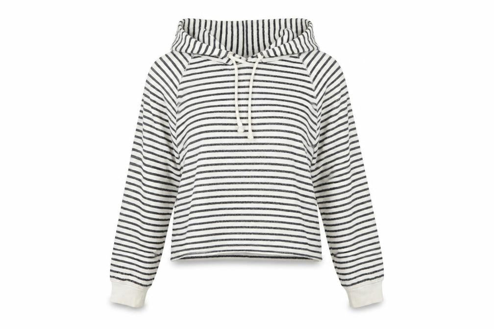 Front view of Divided women’s white striped cotton pullover hoodie, size M, pullover