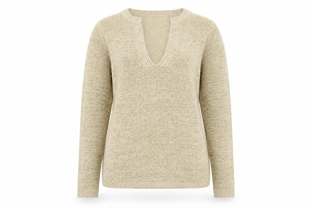 Front view of Rick Cardona women’s beige v-neck acrylic jumper, size UK 8