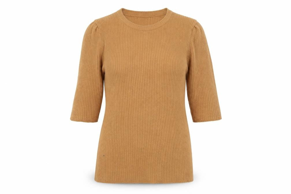 Front view of Brave Soul women’s orange acrylic basic t-shirt, size S, round neck