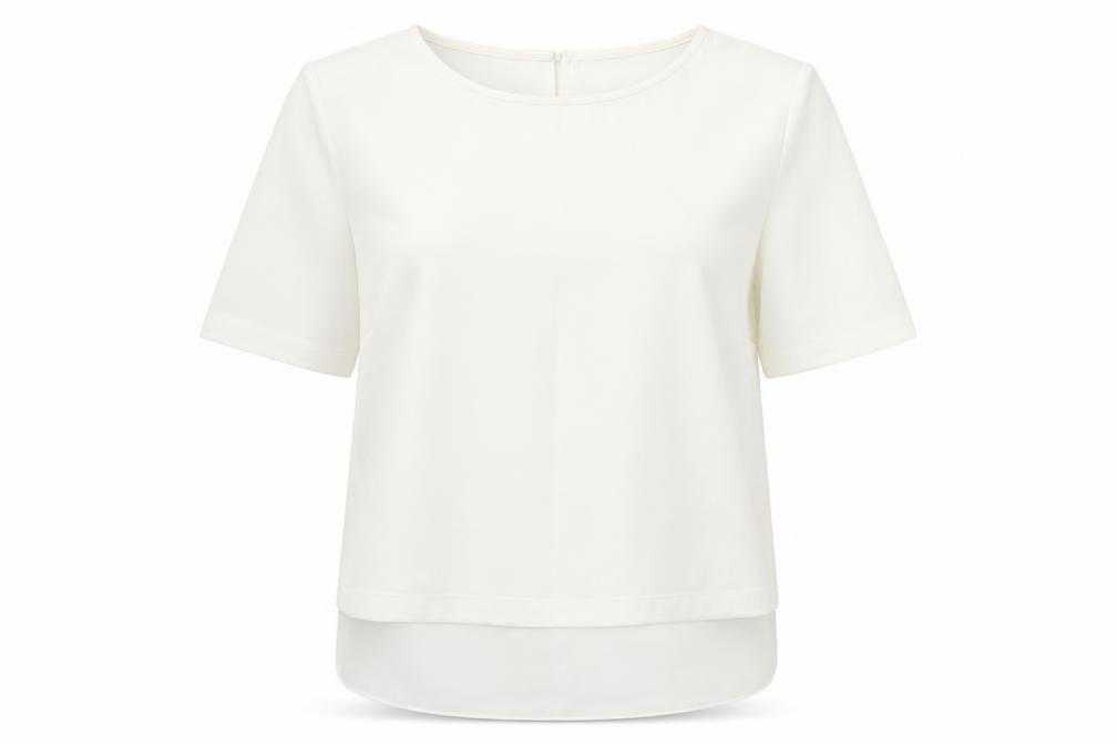 Front view of Dorothy Perkins women’s ivory polyester basic t-shirt, size UK 14, round neck - chiffon trim