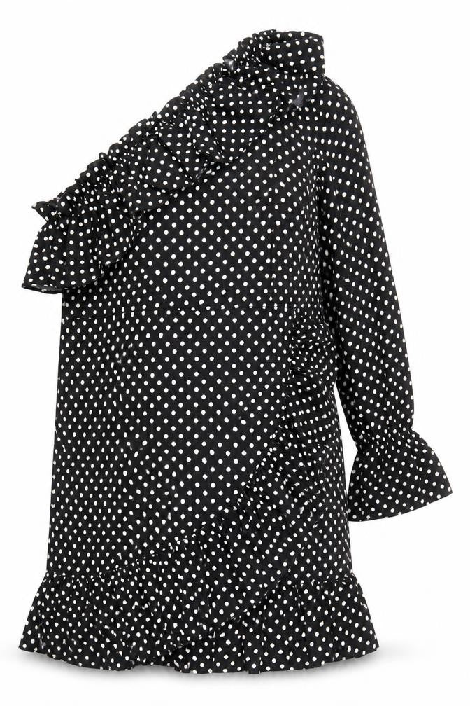 Front view of Nasty Gal women’s black polka dot polyester mini, size UK 12, one shoulder zip