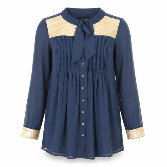 Front view of Preworn women’s blue polyester basic button-up, size M, round neck