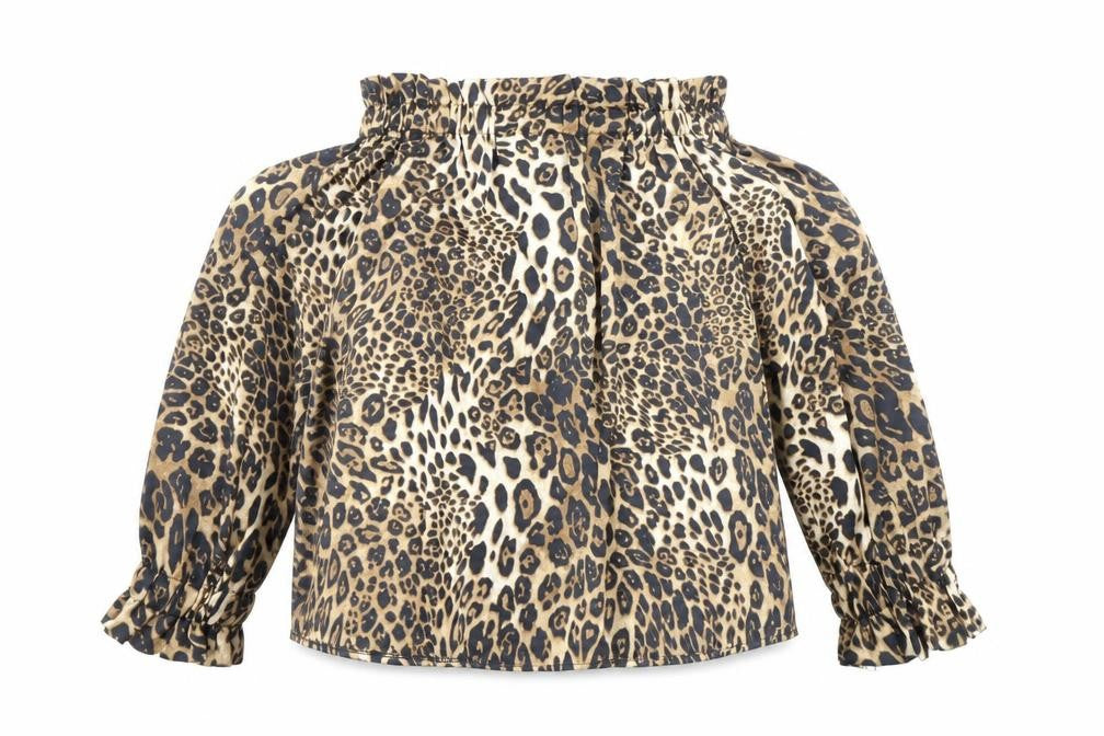 Front view of JCL women’s multicoloured animal print polyester basic blouse, size L, off the shoulder - leopard print