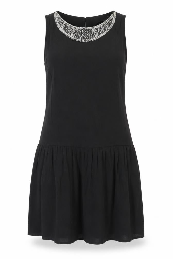 Front view of Mango women’s black polyester tank dress, size UK 6, boat neck button - embellished neckline