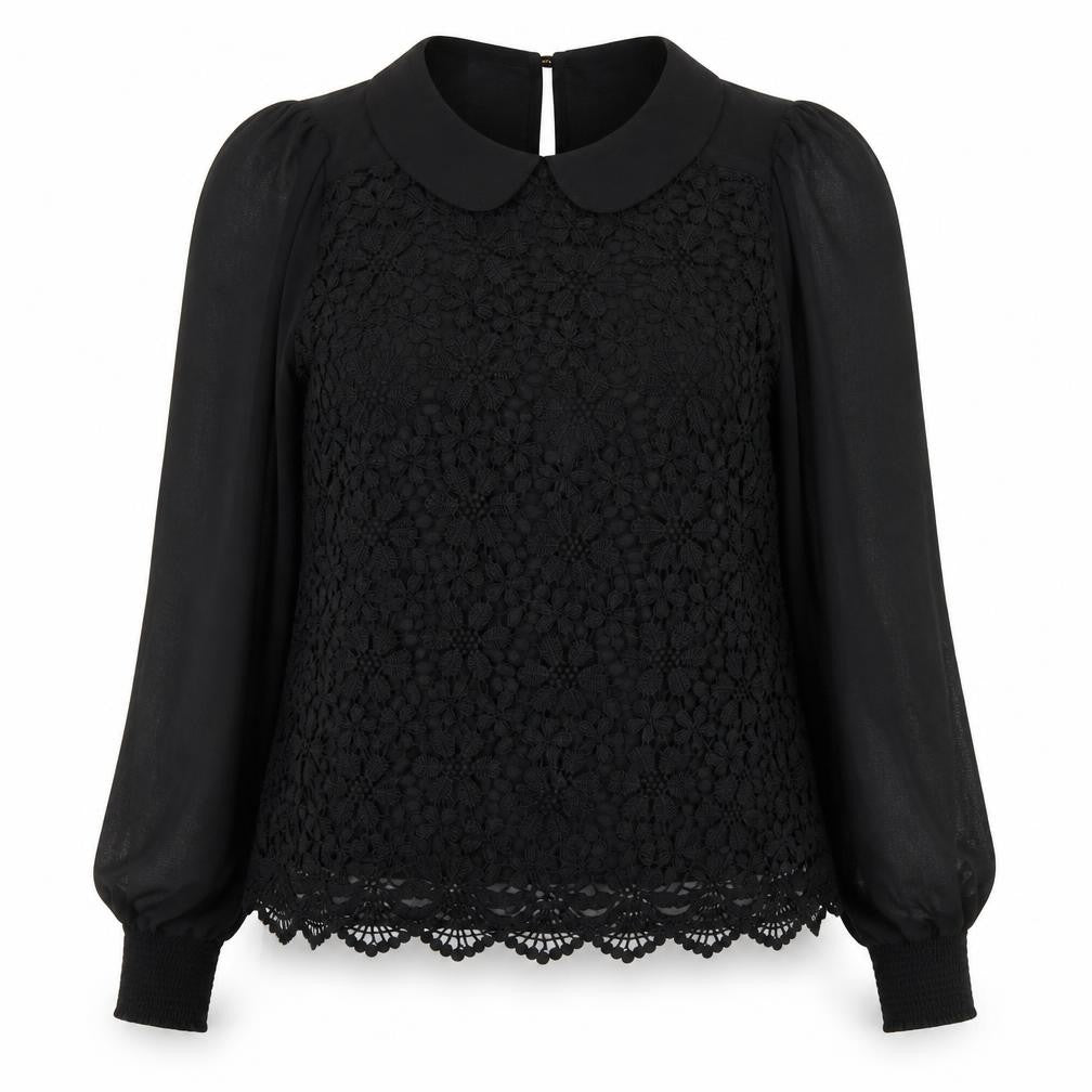 Front view of Warehouse women’s black floral polyester basic blouse, size UK 10, collared - lace overlay detail
