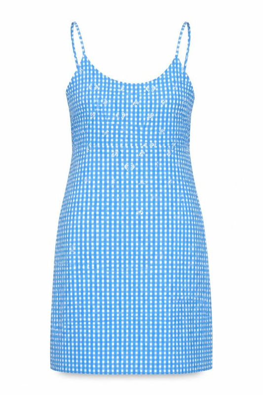 Front view of Daisy Street women’s blue check viscose mini, size UK 10, round neck tie