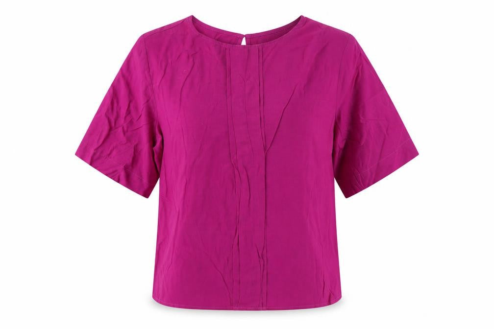 Front view of Marks & Spencer women’s purple viscose basic blouse, size UK 12, round neck