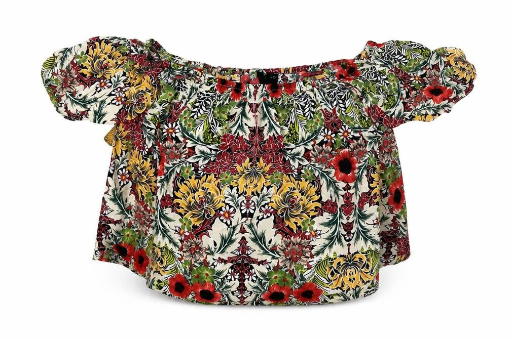 Front view of Topshop women’s multicoloured floral viscose basic blouse, size UK 10, off the shoulder