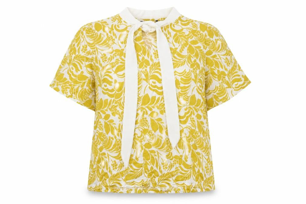 Front view of Marks & Spencer women’s yellow floral viscose basic blouse, size UK 12, round neck