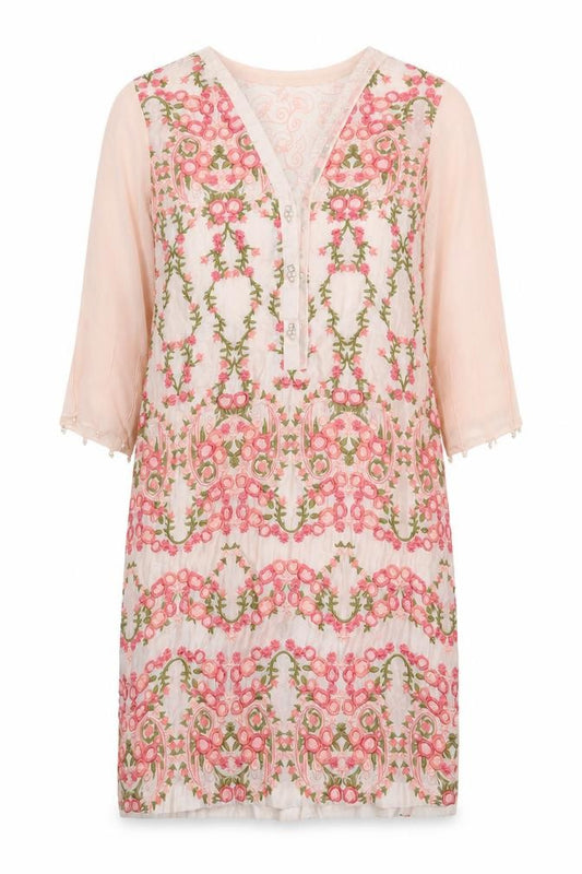 Front view of Agha Noor women’s pink floral polyester kaftan, size M, v-neck button