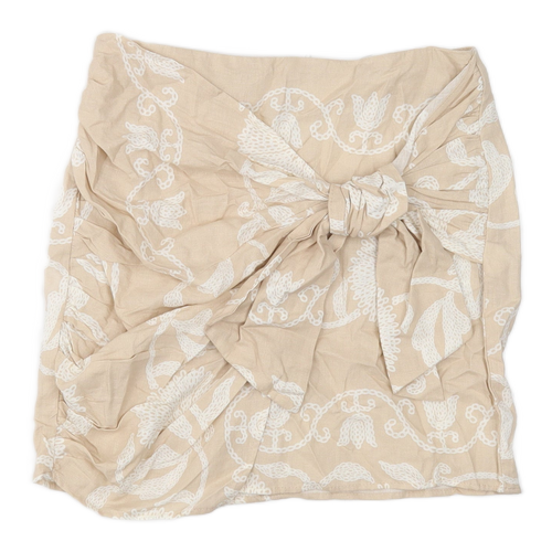Zara Womens Beige Geometric Linen Mini Skirt Size 12 Zip