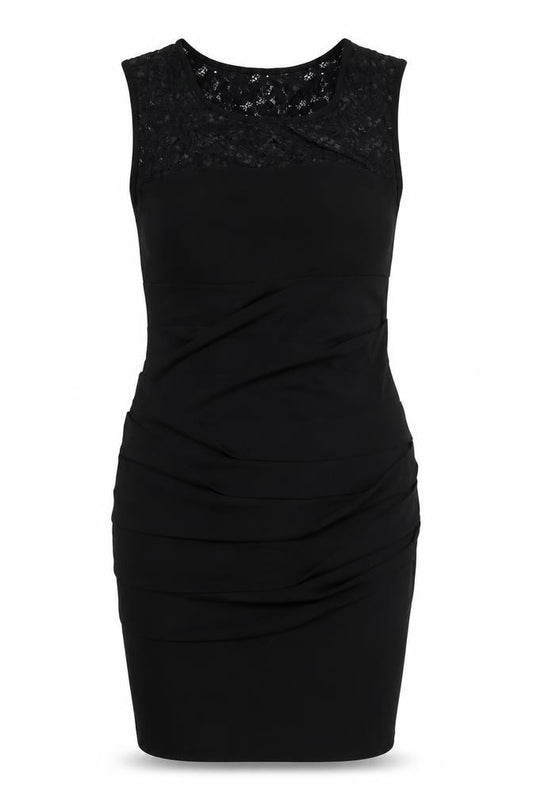 Front view of En Focus Studio women’s black polyester bodycon, size UK 12, round neck pullover - lace detail
