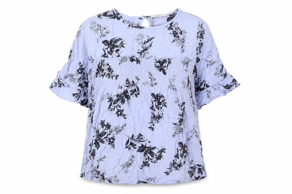 Front view of Per Una women’s blue floral viscose basic blouse, size UK 10, round neck