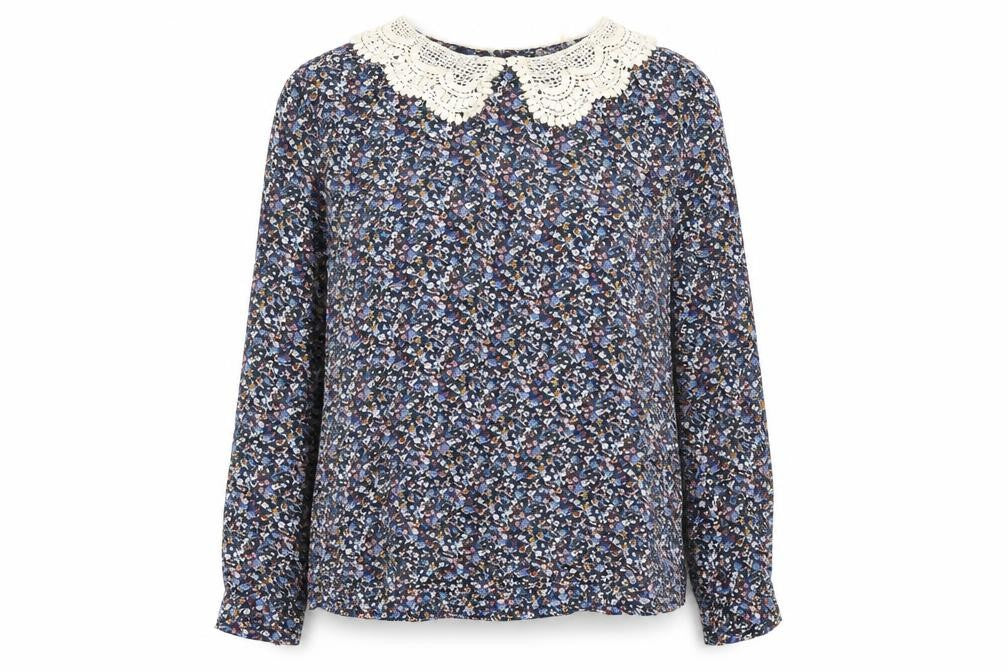 Front view of Pins & Needles women’s multicoloured floral viscose basic blouse, size XS, collared