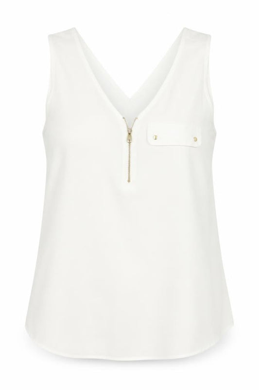 Front view of Dorothy Perkins women’s white polyester basic tank, size UK 14, v-neck