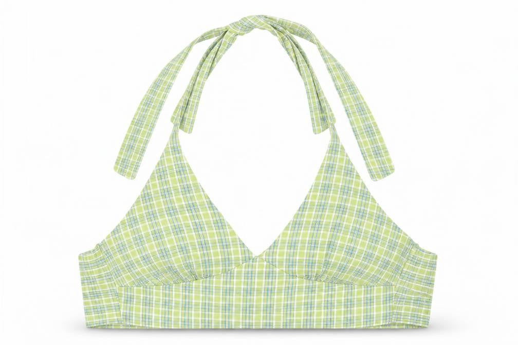 Front view of SHEIN women’s green plaid cotton cropped tank, size S, halter