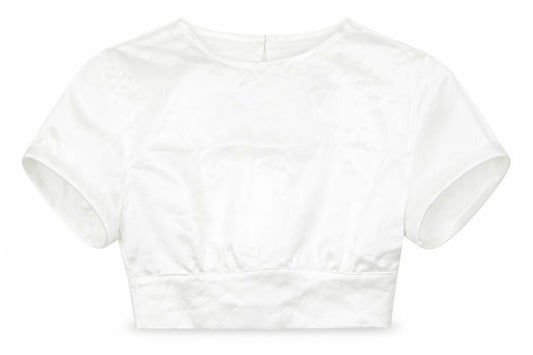 Front view of Zara women’s white polyester cropped blouse, size S, round neck