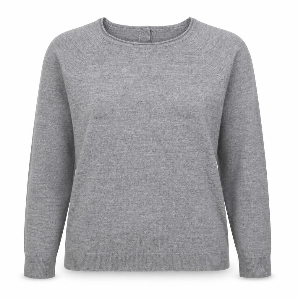 Front view of Primark women’s grey round neck acrylic jumper, size UK 14
