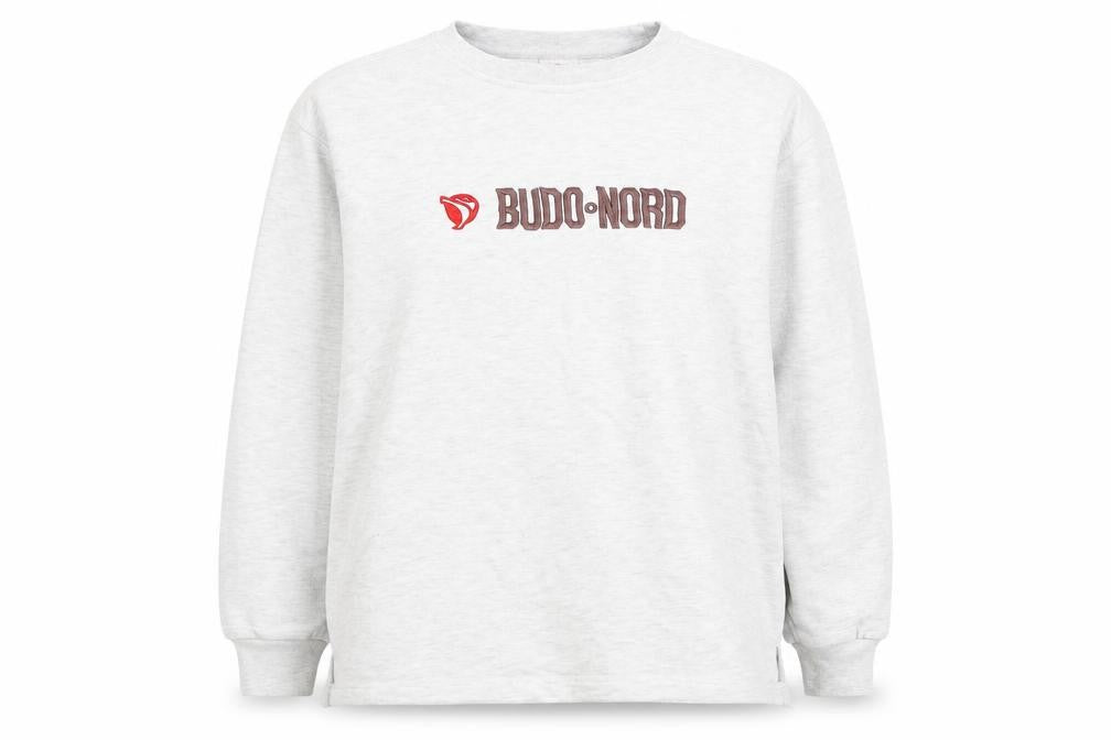 Front view of Budo Nord women’s grey cotton pullover sweatshirt, size M, pullover