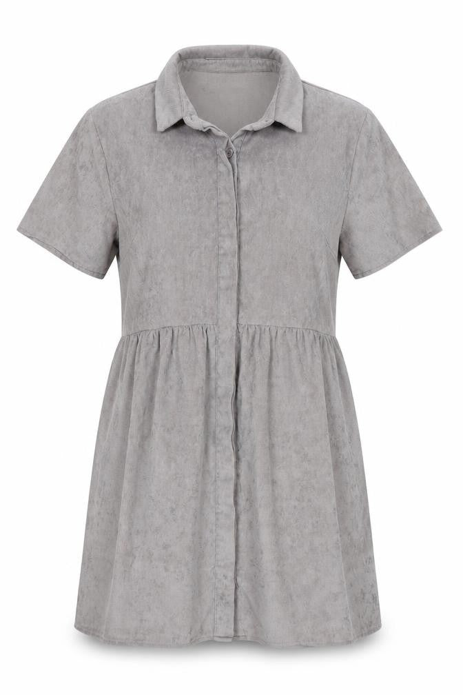 Front view of Missguided women’s grey polyester shirt dress, size UK 10, collared button