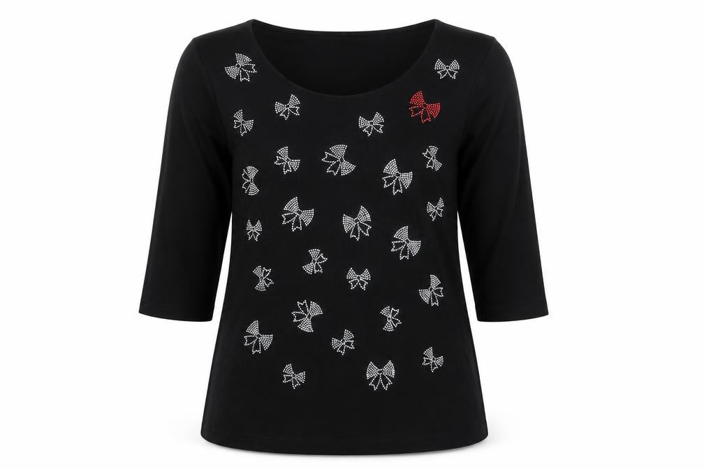 Front view of BM women’s black 100% cotton basic t-shirt, size M, scoop neck