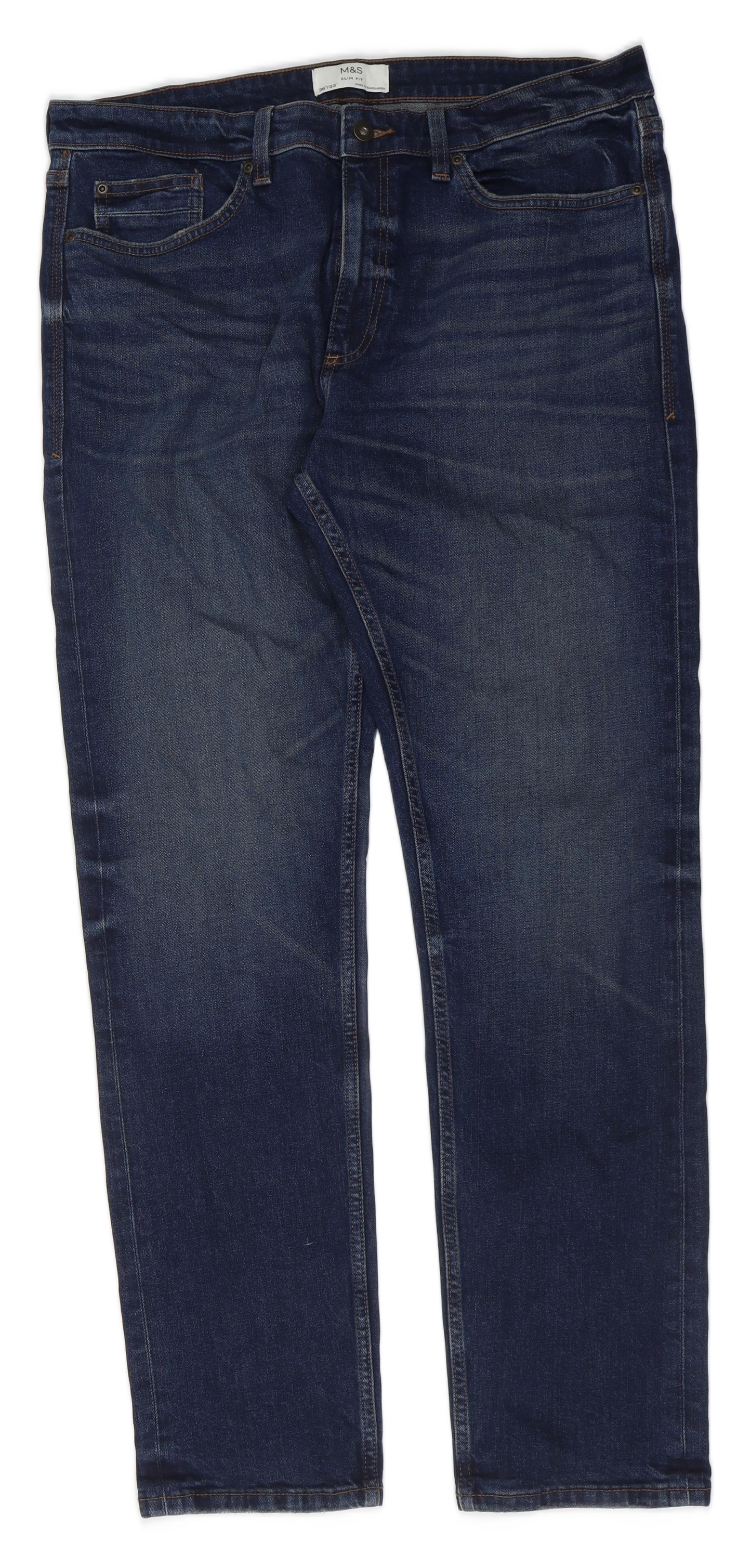 Marks and Spencer Mens Blue Cotton Straight Jeans Size 36 in L33 in Slim Button