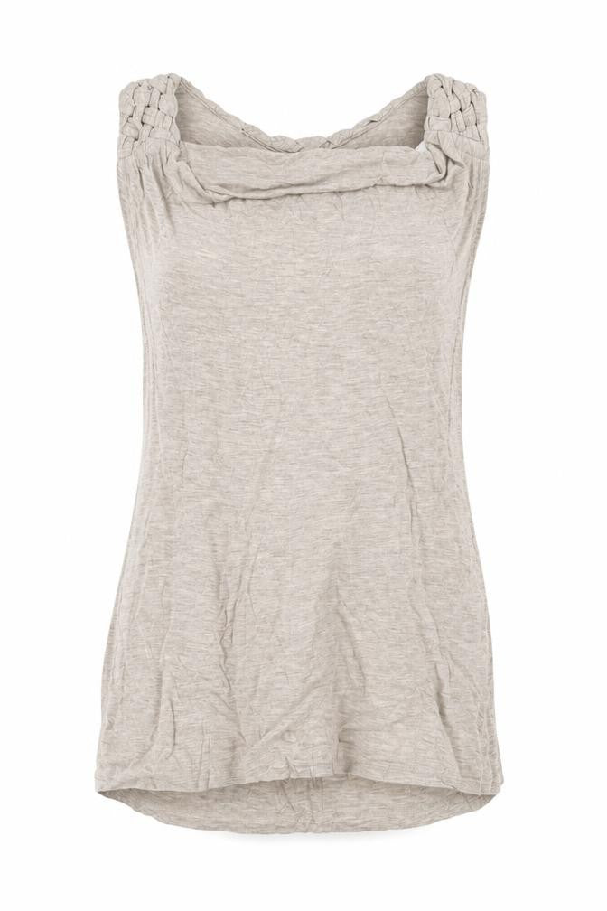 Front view of Preworn women’s beige viscose basic tank, size XS, cowl neck