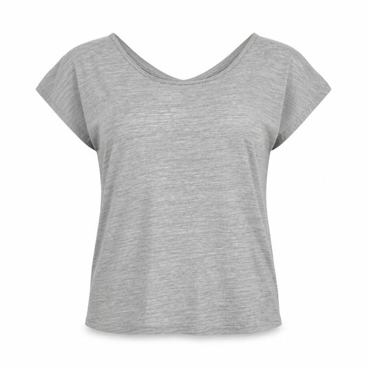 Front view of Matalan women’s grey striped polyester basic t-shirt, size M, round neck