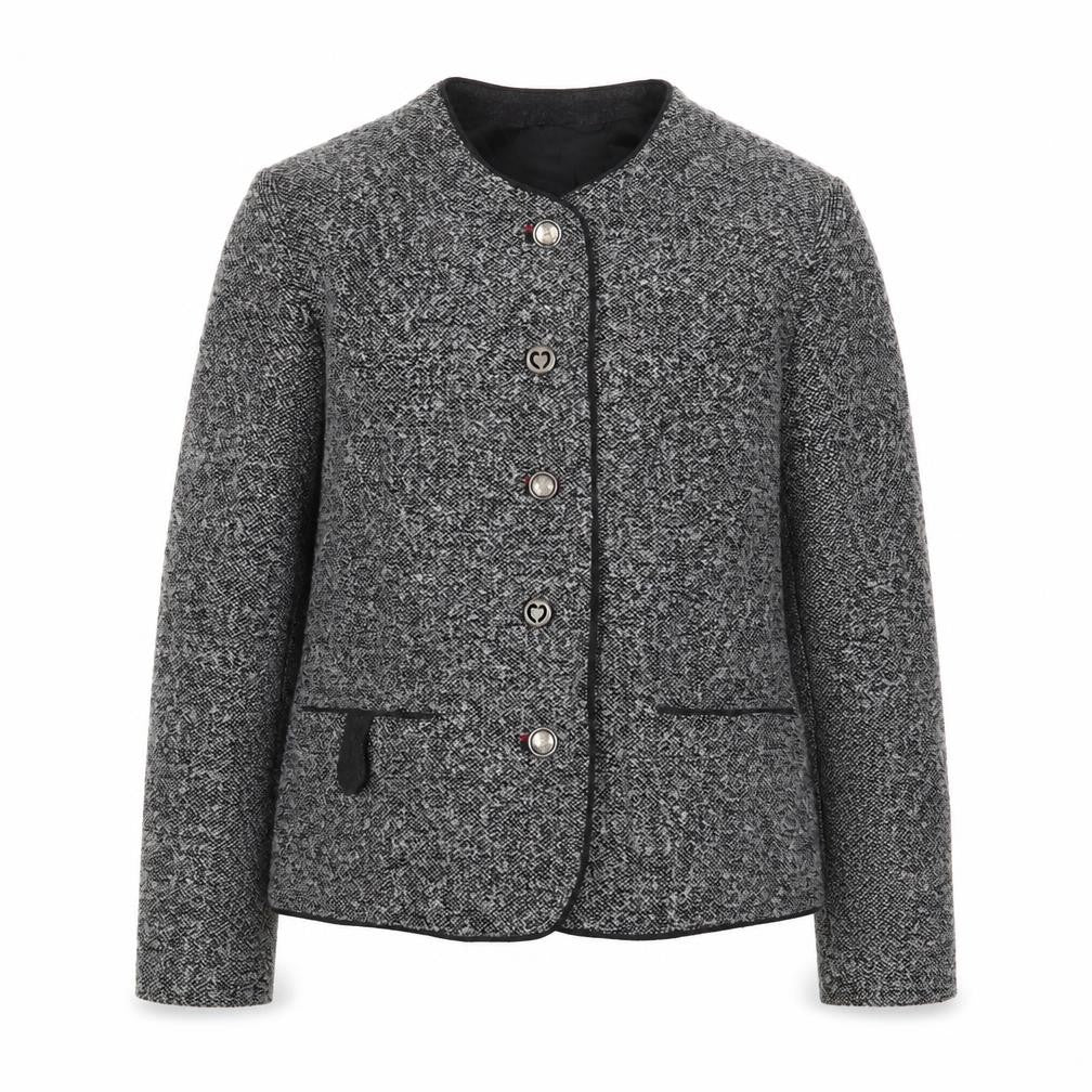 Front view of MEICO Landhaus Look women’s grey jacket, size UK 14, button